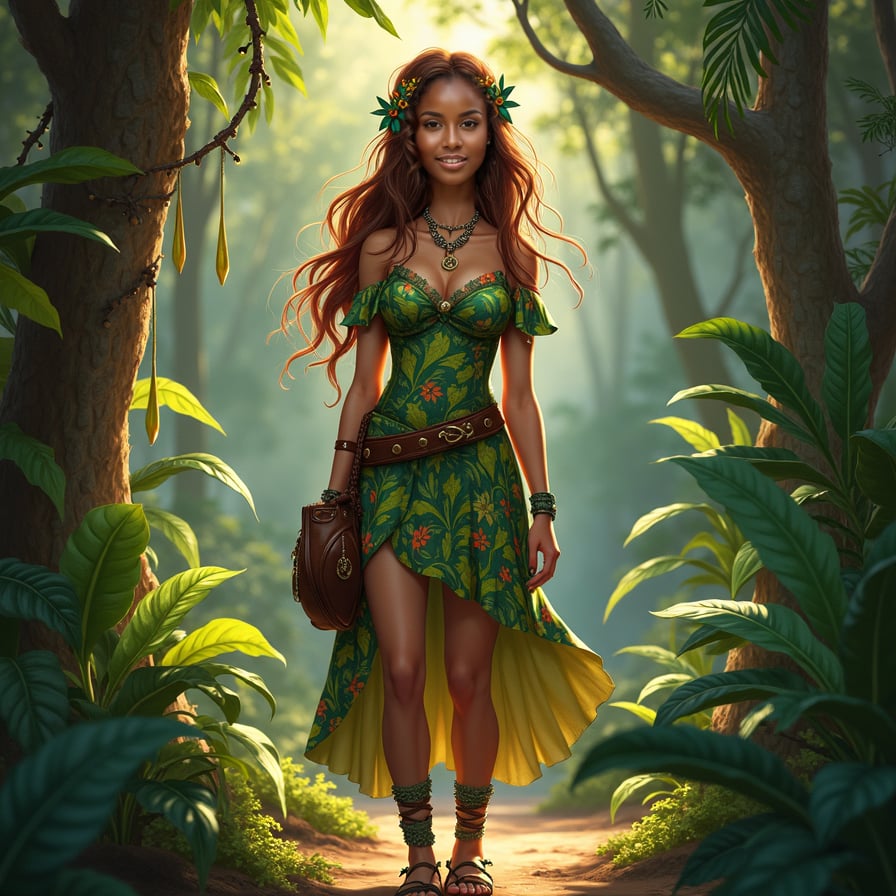 woman wearing a vibrant, exotic outfit, encompassing a tropical leaf-patterned dress, adorned with bold, colorful accessories, standing amidst a lush, dense jungle, surrounded by towering trees and exotic foliage, with warm, golden lighting filtering through the canopy above.