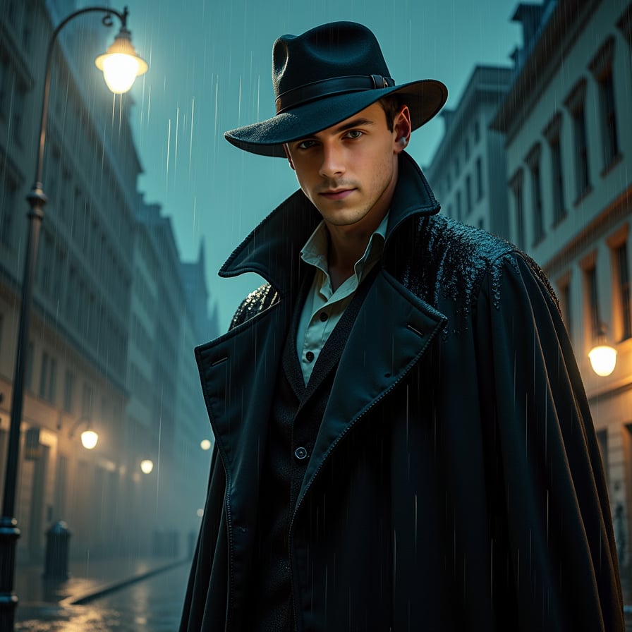 Depict a vampire detective standing under a streetlight on a rainy city street at night. He’s dressed in a long, dark trench coat and a fedora, with shadows partially obscuring his face, revealing only sharp, pale features and piercing eyes. Raindrops glisten on his coat, and the city lights reflect off the wet pavement around him. His expression is focused and brooding, giving the scene a noir-like, suspenseful feel.