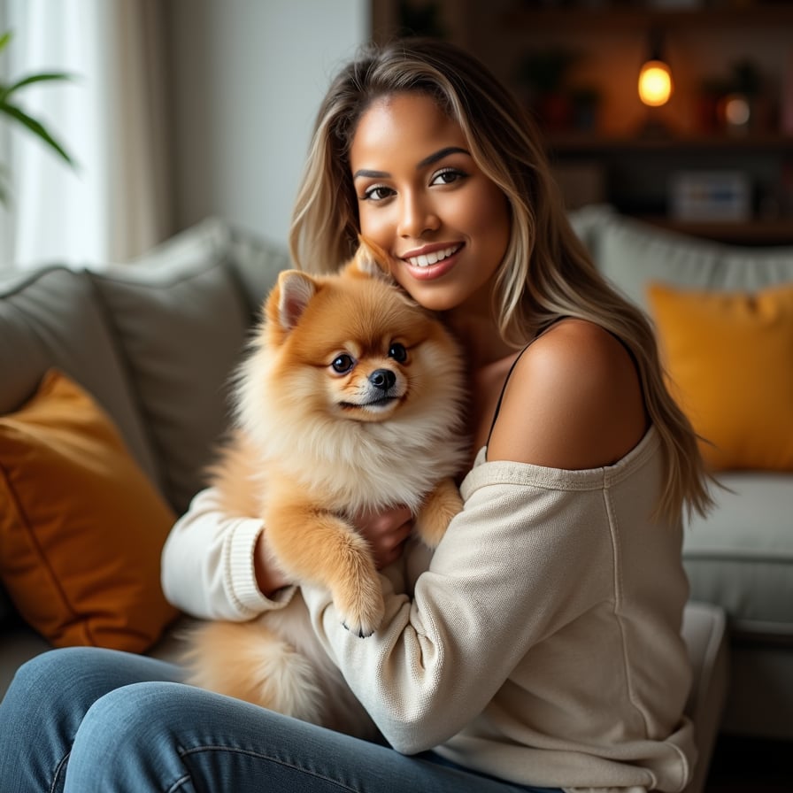 woman cradling her adorable Pomeranian in a stylish outfit, against a warm and cozy living room backdrop with soft lighting, warm colors, and plush furniture