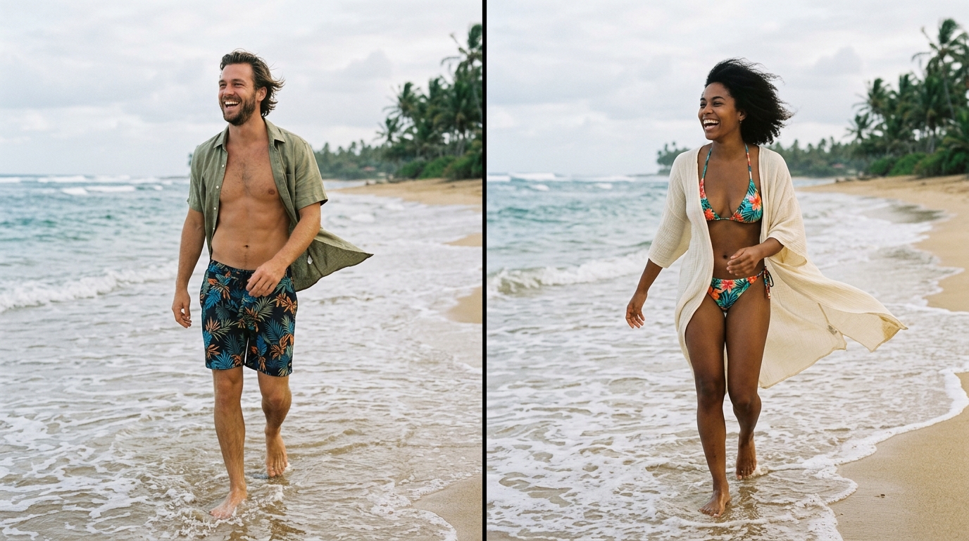 Hyper-realistic candid photograph of a young woman walking barefoot along a sunlit tropical shoreline at golden hour in a flowing tropical-print bikini with sheer cream cover-up lifted by sea breeze, captured mid-stride with one foot splashing shallow water, hair caught mid-motion in a dynamic arc, laughing genuinely at something off-camera right, soft overcast golden-hour light, shallow depth of field with 85mm lens, natural skin texture with motion warmth, magazine editorial quality