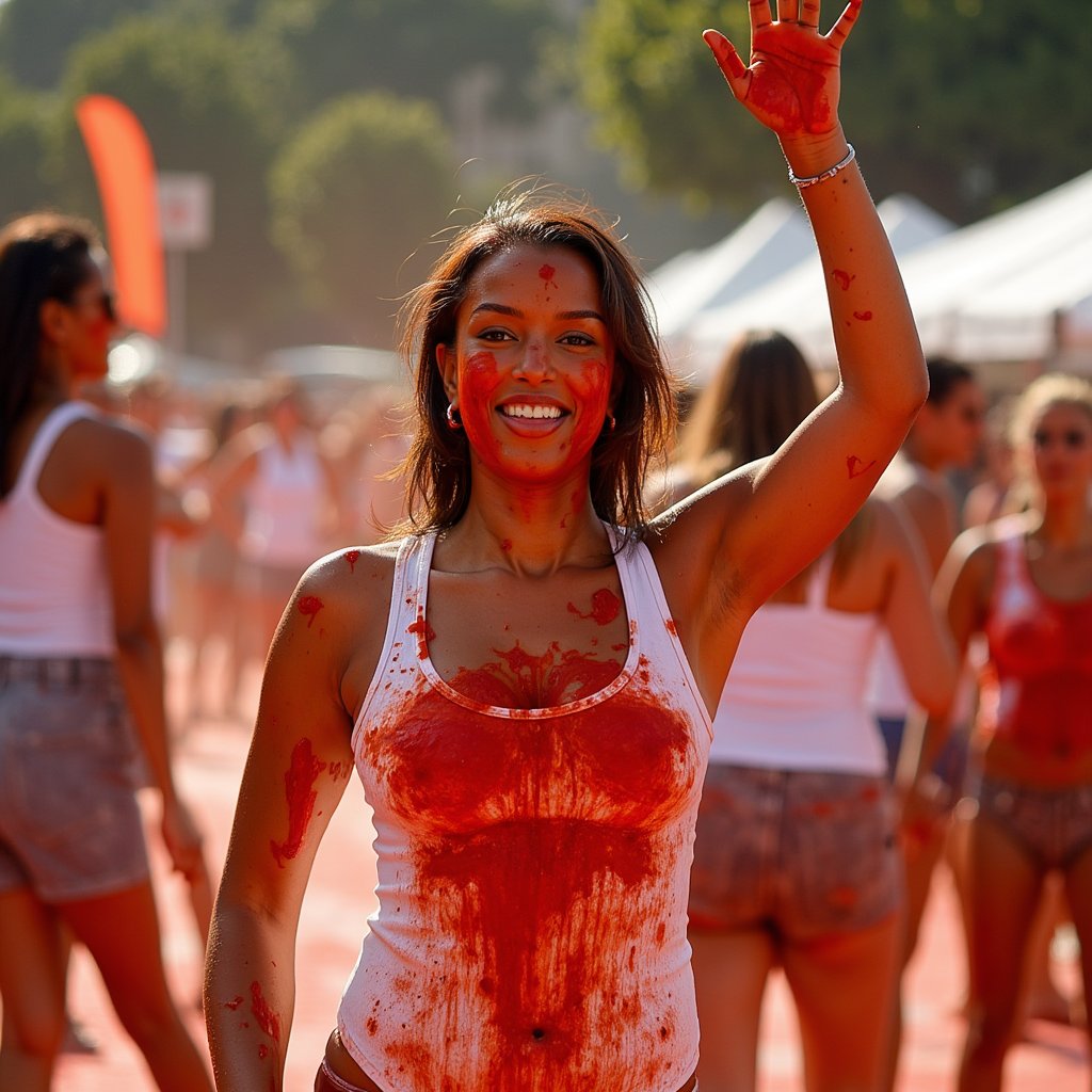 Knee-up portrait of a woman in a white tank top soaked with tomato sauce, one hand raised mid-throw, sunny outdoor light, La Tomatina energy