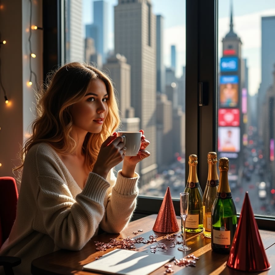 A woman sits by a large window with sunlight streaming in, holding a mug of coffee in both hands. Her makeup is slightly smudged, and she’s wearing an oversized sweater over her New Year’s Eve dress. On the table beside her are scattered party hats, an empty champagne glass, and a handwritten list of resolutions