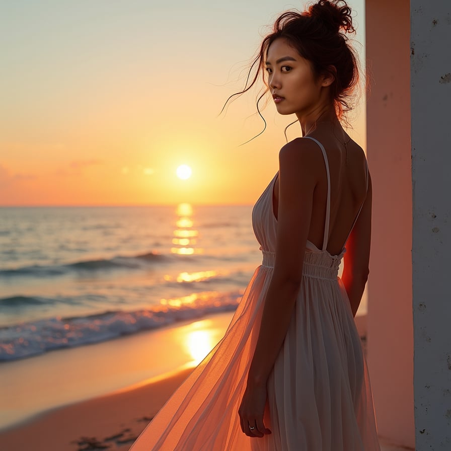 woman wearing flowing, sheer dress, tousled hair, facing ocean at sunset on a pristine beach, radiating relaxed yet glamorous aura