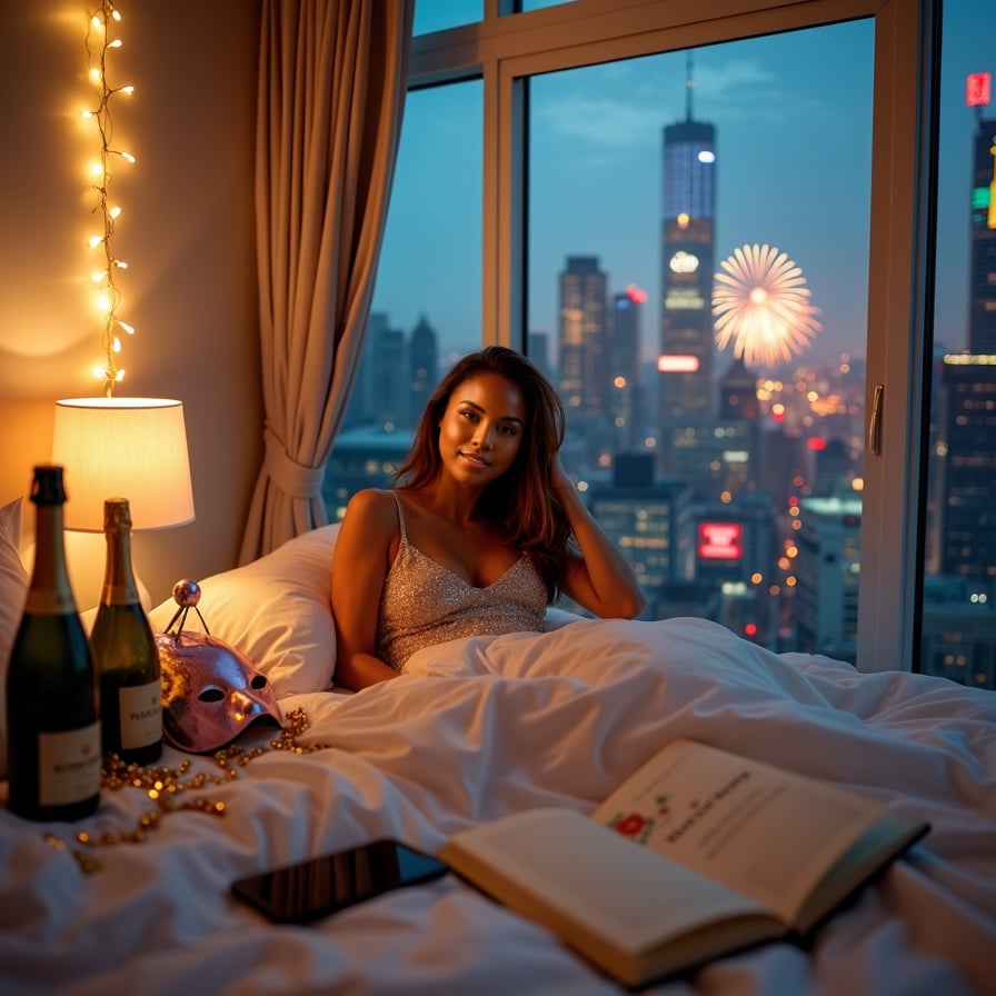 In a softly lit bedroom, a woman wakes up smiling, her face glowing with a mix of exhaustion and contentment. Beside her on the nightstand are a party mask, her phone with New Year’s Eve photos open, and a resolution journal with the words 'This year will be amazing' written boldly