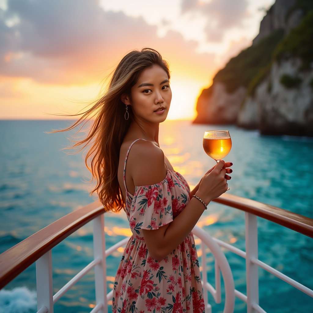 Woman in sundress, cruise deck, sunset, relaxed pose.