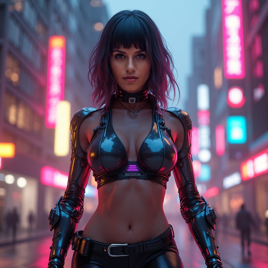 woman in cyberpunk-inspired cyborg attire, metallic limbs and glowing neon accents, futuristic cityscape at dusk in the background, posing with confident and powerful stance