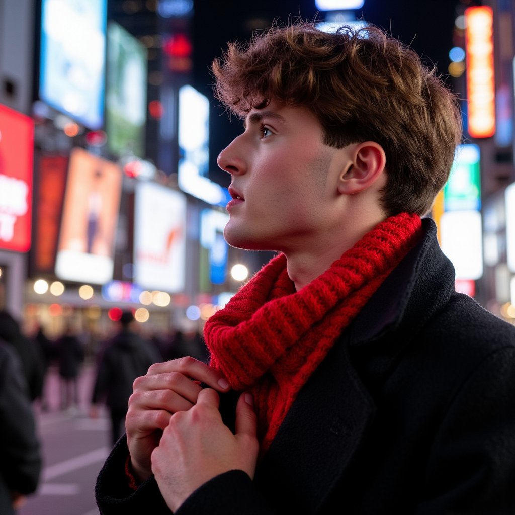 Gender: Male

Pose: Waist-up, standing on the street corner looking up at the Times Square Ball drop. He is holding a scarf in one hand and adjusting a coat in the other.

Attire: Dark wool peacoat with a bright red scarf. Crisp, high-quality fabric details visible.

Hairstyle: Short, neatly styled with a bit of texture.

Lighting: Cold night lighting with neon reflections from the surrounding Times Square advertisements casting colorful hues onto the subject’s face and coat.

Background: The bustling crowds of New York City’s Times Square, with flashing lights from giant billboards and the iconic ball overhead. The crowd is in motion, but the subject is sharp in focus with a slightly blurred background.

Camera Angle: Slightly lower angle to show the subject’s excitement and the vastness of Times Square.

Additional Details: HDR to capture the stark contrasts between the bright lights and the subject’s face, with realistic detail in the reflections on the coat.