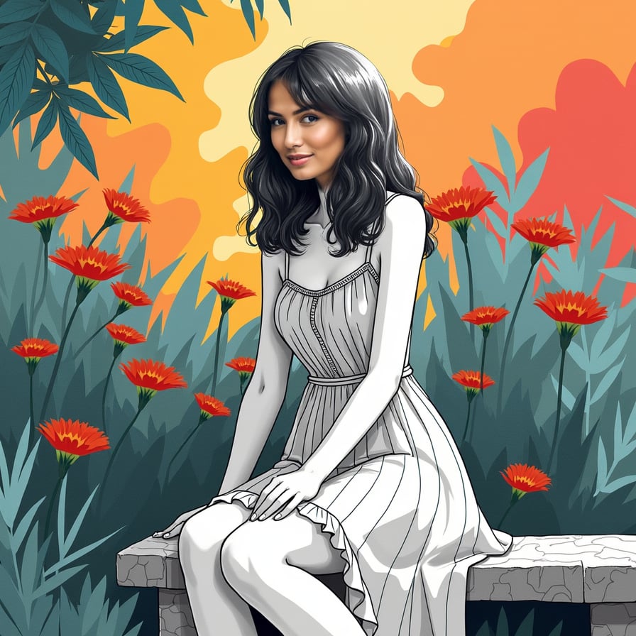 girl in a flowy sundress, sitting on a stone bench, surrounded by lush greenery and vibrant flowers, basking in the warm sunlight in a serene garden setting.