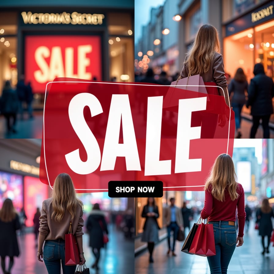 A collage of different shopping-themed images with a bold, eye-catching sale graphic overlay, including a blurred Victoria's Secret store background and a 'Sale' sign