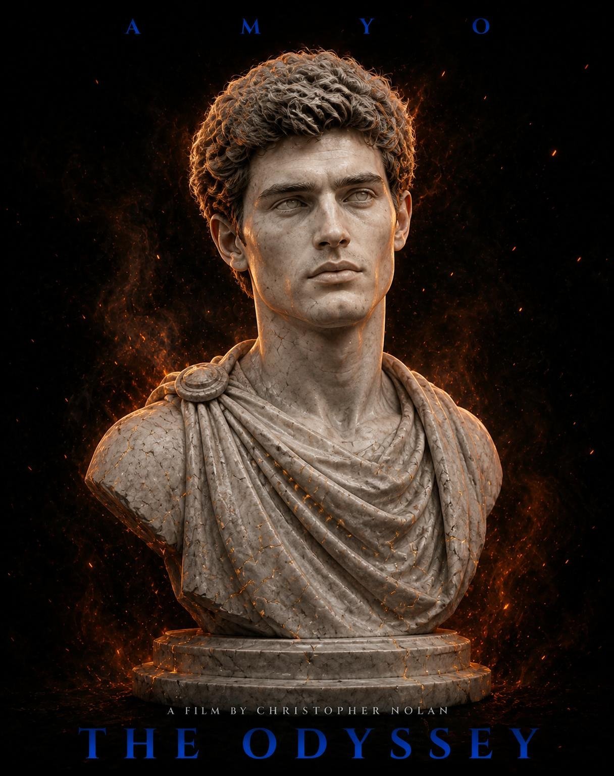 Use the uploaded poster as the primary composition and style reference. Recreate the image with an almost identical layout, framing, lighting, typography placement, and cinematic atmosphere while using the uploaded face as the strict identity reference.
Transform the subject into a hyper-realistic Greco-Roman white marble bust sculpture from the chest up. Preserve the exact facial proportions, jawline, nose, lips, hairstyle, hair volume, facial expression, age, and overall recognizable identity. The sculpture should feature realistic carved marble with subtle weathering, tiny chisel marks, fine surface cracks, and glowing molten lava fissures running naturally through the stone. The eyes are sculpted marble with no pupils.
The bust is centered, facing slightly to the right, resting on a circular marble pedestal. Keep the draped Roman garment with intricate stone folds and a decorative shoulder clasp exactly like the reference. Preserve the tousled curly hairstyle in sculpted marble with extremely fine strand detail.
Background: deep black with floating embers, subtle smoke, glowing orange volumetric haze, cinematic atmosphere, and warm orange rim lighting wrapping around the sculpture from behind. High contrast with soft shadows and museum-quality realism.
Typography layout must match the reference exactly:
At the very top: [NAME] in widely spaced uppercase blue letters.
Below the bust: A FILM BY CHRISTOPHER NOLAN centered in small white serif text.
Bottom: THE ODYSSEY in large uppercase blue serif letters with identical spacing, scale, and placement.
Maintain the exact poster composition, centered framing, negative space, lighting direction, cinematic color grading, premium Hollywood poster aesthetic, museum-quality marble realism, ultra-photorealistic, HDR, 8K, masterpiece quality.
Negative Prompt: cartoon, anime, CGI look, wax texture, plastic skin, colored eyes, smiling expression, incorrect anatomy, low detail, blurry, extra cracks, broken sculpture, modern clothing, incorrect typography, misplaced text, watermark, logo, oversaturated colors, AI artifacts.
For GPT Image 2, you’ll generally get the closest match by:
Uploading the poster as the style/composition reference.
Uploading the person’s face as the identity reference.
Keeping both reference strengths high. This typically produces results much closer to the original poster than a text-only prompt.
