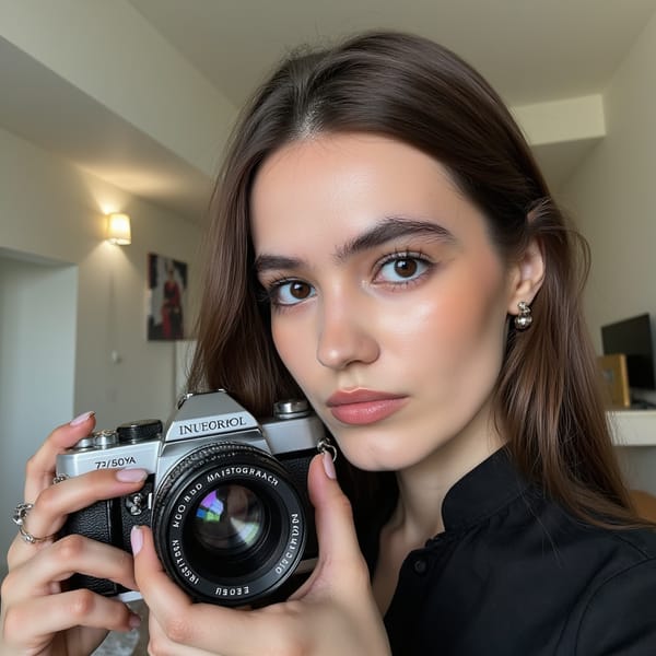 Bold close-up of a female photographer adjusting her lens, eyes focused, monochrome outfit, dramatic lighting setup, honoring World Photography Day creators