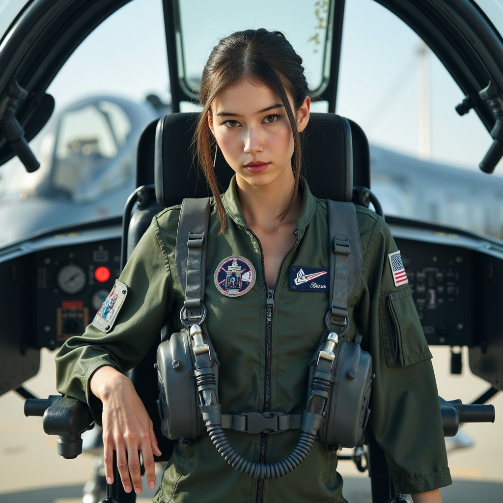 A female air force pilot seated inside a fighter jet cockpit, captured in a tigh