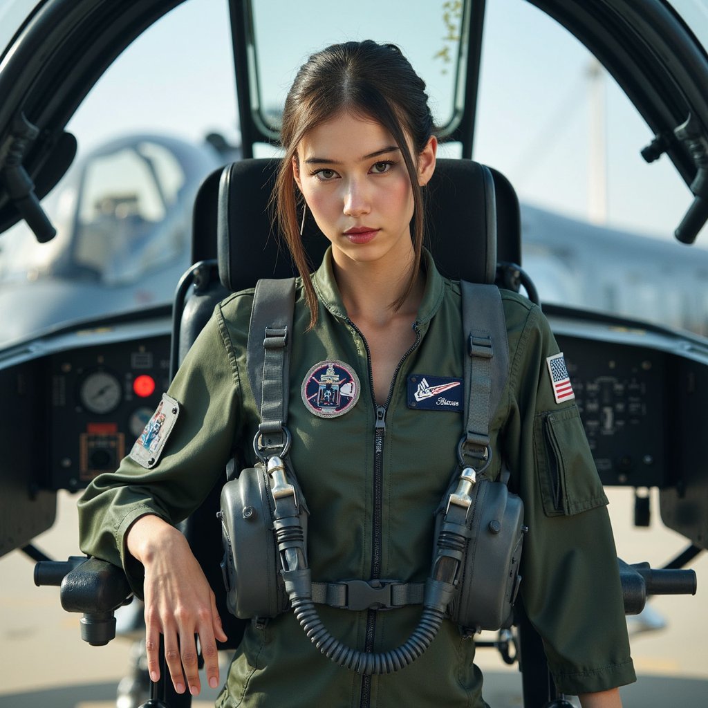 A female air force pilot seated inside a fighter jet cockpit, captured in a tight waist-up shot from a slightly angled perspective for immersion. She is wearing a fitted flight suit with oxygen mask straps resting around her neck, realistic fabric folds, and embroidered insignia. Hair is neatly pulled back into a low bun suitable for flight gear, with a few fine strands visible. Skin texture is natural with realistic pores, soft highlights, and subtle makeup kept minimal and professional. Lighting comes from natural daylight filtering through the cockpit canopy, creating reflections on the glass and soft highlights across her face. Background shows detailed cockpit controls, switches, and digital displays with shallow depth of field. Composition feels intimate and focused, documentary aviation photography style, crisp clarity, highly detailed, highly realistic, HDR quality.