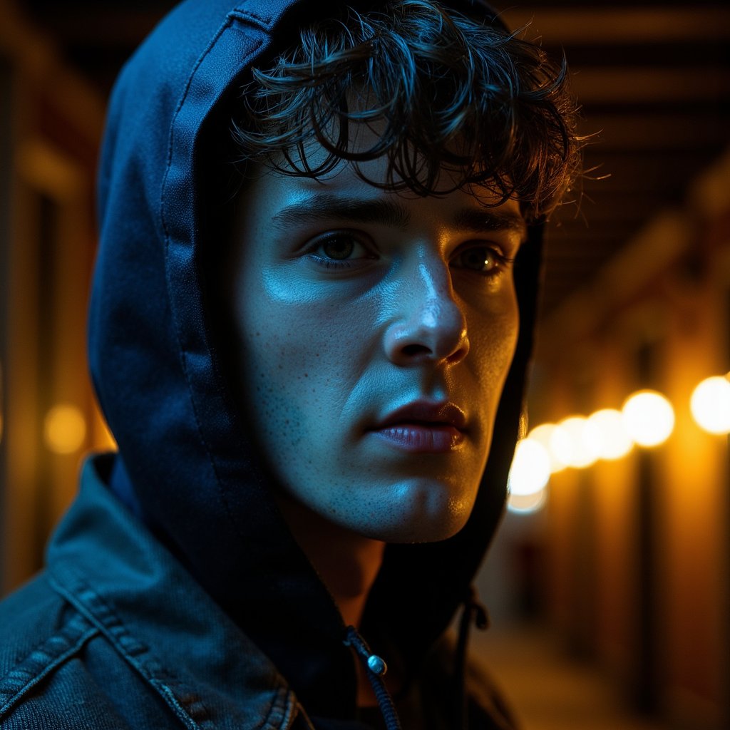 Close-up over-the-shoulder, 105 mm, f/2.8, ISO 400, 1/160 s. The primary light is a handheld flashlight angled from camera-right, casting hard-edged shadows that wrap the latex mask’s contours. The beam causes specular reflections on micro-scratches in the matte surface, while the eye cutout reveals a moist lower lash line and textured undereye skin. Short, slightly oily curls peek out from under the hood, catching stray highlights. His work jacket — heavy twill — shows frayed cuff threads in the light spill. Depth of field isolates the mask, leaving his shoulder slightly soft and the corridor behind in deep blur. Corridor lights form diffuse bokeh orbs without overexposing, consistent with the aperture and lighting distance. Highly detailed, highly realistic, HDR.