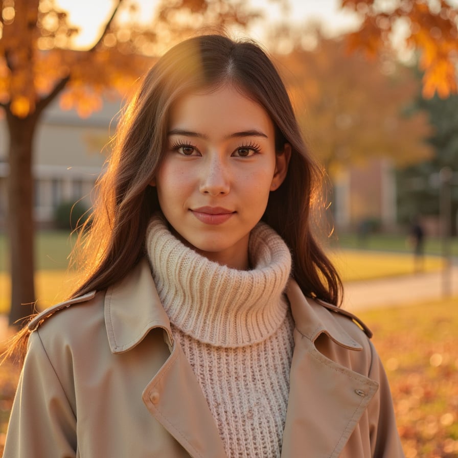 Highly detailed, highly realistic, hyperrealistic HDR close-up portrait of a woman (female, ~27 yrs) standing outdoors during late afternoon golden hour. Camera head-and-shoulders, focus tight on face, background blurred into soft amber foliage. She wears a light tan trench coat with collar folded open and a cream knit scarf wrapped loosely around her neck. Her hair is chestnut brown, soft waves catching the sun. The light creates warm rim highlights and soft bokeh flares around her silhouette. Skin texture visible with faint freckles and rosy undertones. Expression calm, gentle smile. Background purely color field of gold and rust tones — no clutter. HDR, high resolution, high quality, highly detailed, photorealistic.