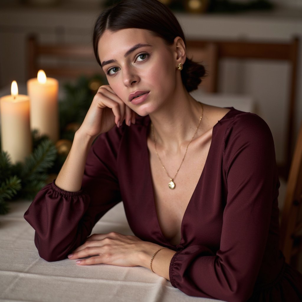 Waist-up portrait of a woman leaning gently on a holiday tablescape, angled 20° left of camera, gaze softly to lens, rule-of-thirds placement. Wardrobe: burgundy satin blouse with subtle sheen and gathered cuffs; a thin gold pendant. Hair: low chignon with face-framing tendrils. Makeup: soft bronze eyeshadow, defined lashes, rosewood gloss. Lighting: candlelight key (multiple small flames) with a dim overhead softbox feathered to preserve warm contrast; specular highlights on satin folds. Background: blurred evergreen runner and two pillar candles; minimal clutter, shallow DOF with creamy bokeh. Camera: 50mm, f/1.6, slightly above eye level; highly detailed, highly realistic, HDR; skin texture natural, satin drape visible; calm, still, intimate.