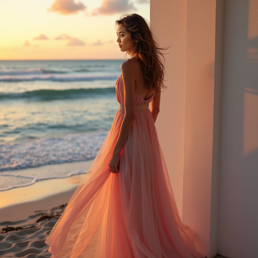 woman wearing flowing, sheer dress, tousled hair, facing ocean at sunset on a pristine beach, radiating relaxed yet glamorous aura
