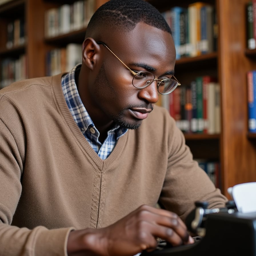 1960s yearbook image of a high school student typing in a library, framed waist-up from the side. Subject wears a brown V-neck sweater in tight cable-knit wool over a muted plaid shirt, the stiff cotton collar peeking out with one button undone. The sweater reveals subtle pilling and wool fuzz along the edges of the sleeves. His face, focused and slightly furrowed, shows visible peach fuzz on the jawline, a light mole near the left cheek, and slight acne scarring under natural light. Hands rest on a manual typewriter, fingers curled mid-action, keys slightly shiny from use. Hair is trimmed short and combed neatly with defined parting lines. Glasses with thin gold wire rims reflect the ambient library light. Background contains rows of oak bookshelves softly blurred; warm tungsten tones emphasize woodgrain and soft shadows across his knuckles. Captured at a 45° angle using a 35mm lens for slight contextual distortion.