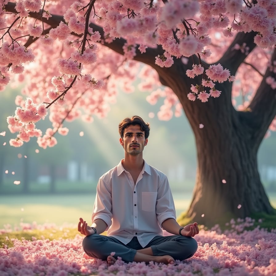 A young man sits cross-legged beneath a massive sakura tree in full bloom, meditating. His expression is peaceful, as sunlight filters through the branches, illuminating his tranquil face.