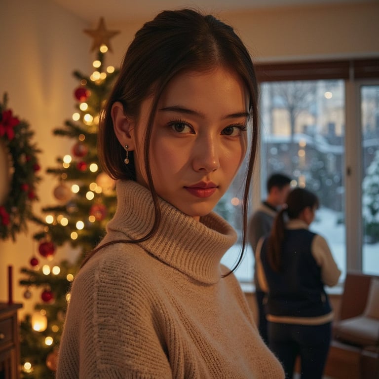 a close-up portrait of a woman standing indoors during the holidays, calm neutra