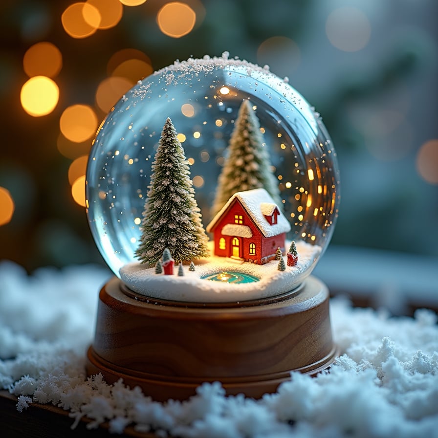 A whimsical snow globe resting on a wooden base, filled with a glowing miniature village under snowfall. Inside, a small festive tree, tiny houses, and a frozen pond surrounded by glittering snowflakes. The background features a soft, bokeh effect of golden and white lights.
