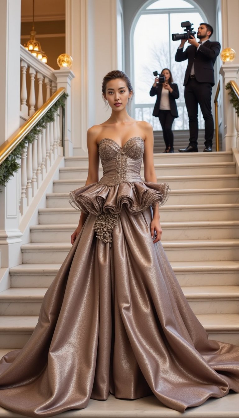 A high-fashion subject poses in an avant-garde ensemble with exaggerated shapes, metallic textures, and artistic details. The lighting is soft and diffused, giving the image a magazine cover finish.
