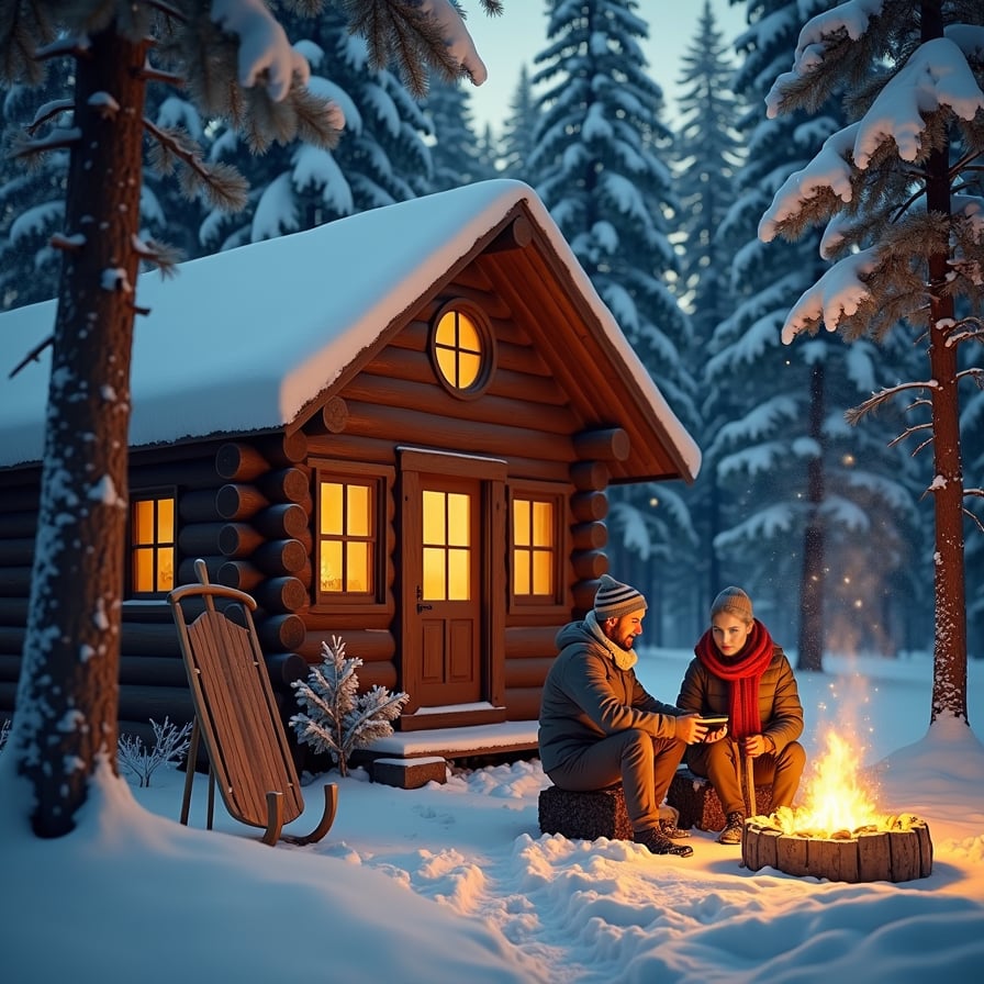 a cozy log cabin tucked in the midst of a snow-covered forest, surrounded by towering pines. Soft golden light spills from the windows, illuminating the winter night. Nearby, a couple wrapped in thick scarves and woolen coats share a warm embrace by a crackling fire pit, with snowflakes gently falling around them. A wooden sled rests against the cabin wall, and the peaceful silence of the snowy landscape adds to the charm.
