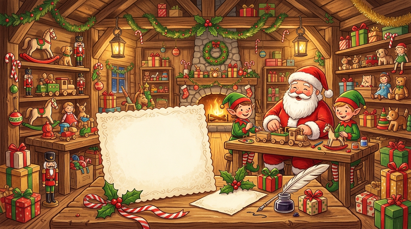 Santa's workshop Christmas card design for children