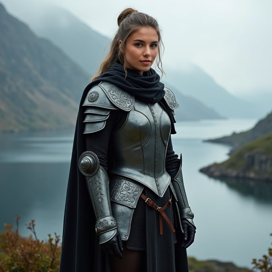 Fierce Viking woman, armor, Northern landscape, warrior vibe.