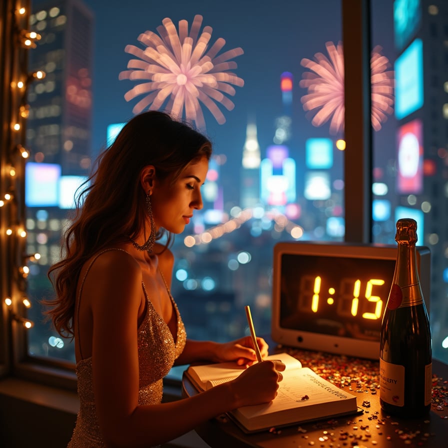 Under a canopy of string lights, a woman writes her resolutions in a journal, her face lit up with a mix of reflection and anticipation. She’s wearing a simple yet stunning dress, with scattered confetti and a digital clock in the background showing '12:15 AM