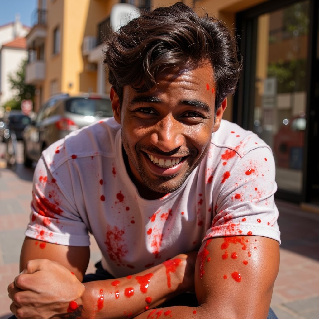 Knee-up portrait of a man mid-laugh with smashed tomatoes stuck to his shirt and arm, sun-drenched Spanish street behind him, soaked in red