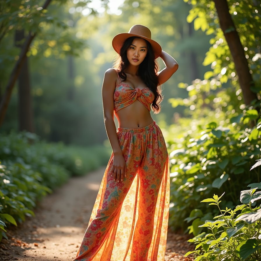 woman posing in a trendy outfit, donned in a fashionable crop top and high-waisted pants, accessorized with a stylish hat and sunglasses, against a chic urban backdrop, capturing a carefree and confident vibe for an Instagram post.