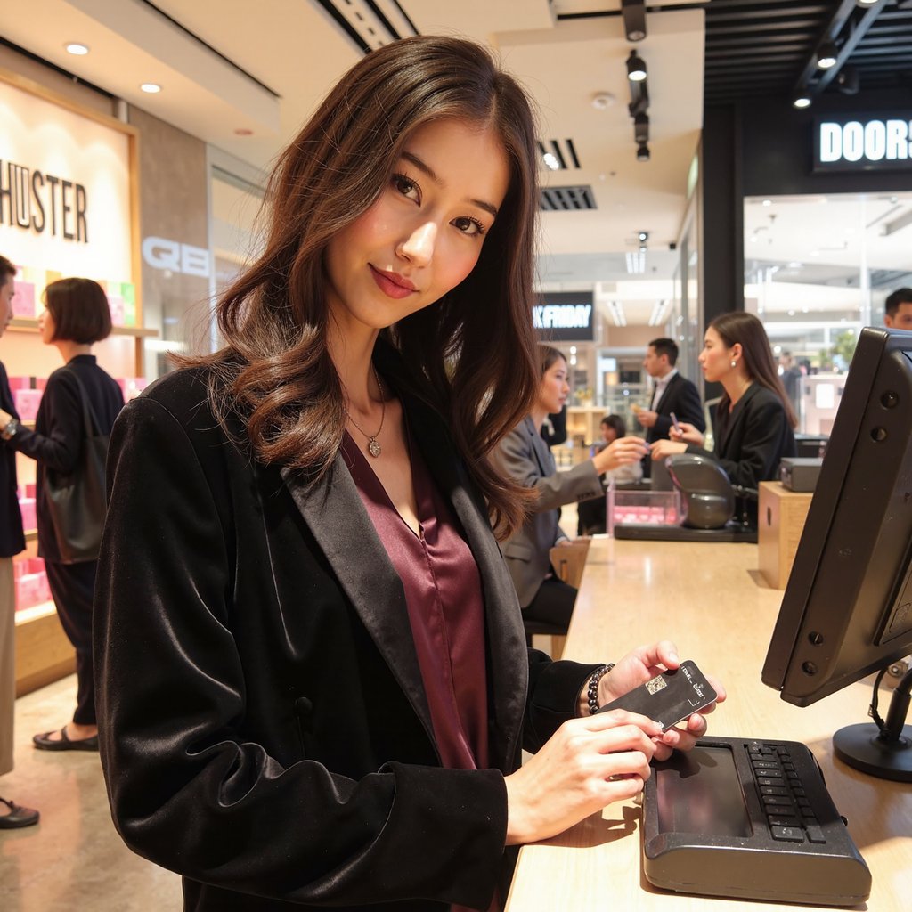 A stylish woman (female) head-and-shoulders at a minimalist checkout, contactless card poised near the terminal (no motion blur). Hairstyle: glossy, voluminous shoulder-length curls with defined highlights; makeup: luminous skin, subtle bronzer, glossy rose lips. Attire: deep plum silk-satin blouse with micro sheen under a black velvet blazer; fine pendant necklace. Pose: calm three-quarter profile toward camera; soft smile; eyes toward the terminal. Camera: 100mm portrait-macro, f/2.2 for crisp facial detail and creamy background. Lighting: warm register display as practical key, soft fill from above, faint cool rim from back signage. Background: blurred “DOORBUSTER” POS screen and tidy countertop; minimal clutter. Fabric detail: velvet pile direction, satin weave luster, stitching on lapels. Highly detailed, highly realistic, HDR, high resolution.