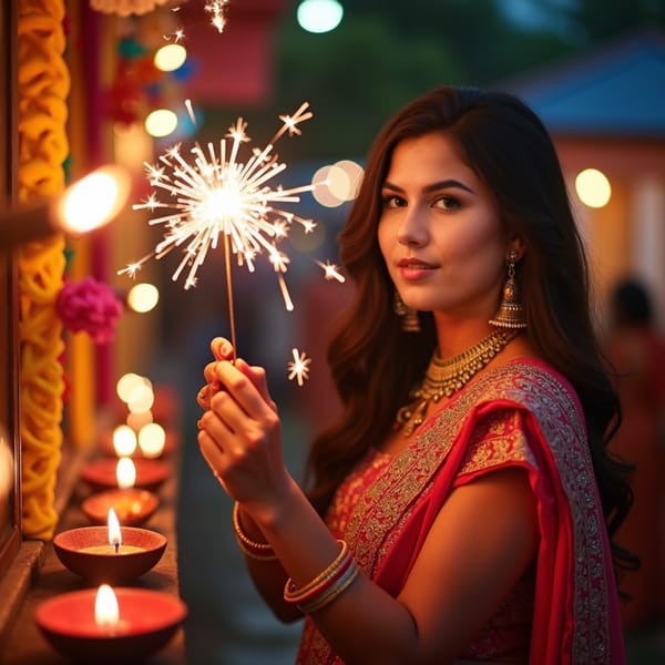 woman with a radiant smile, holding a sparkler, surrounded by twinkling lights and vibrant diyas, wearing a traditional Indian outfit, adorned with intricate jewelry, against a warm and festive Diwali night backdrop, with a soft glow of lanterns and candles, capturing the joy and magic of the festival of lights.