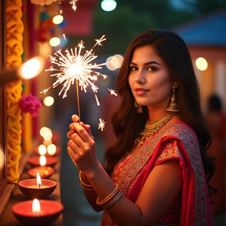 woman with a radiant smile, holding a sparkler, surrounded by twinkling lights and vibrant diyas, wearing a traditional Indian outfit, adorned with intricate jewelry, against a warm and festive Diwali night backdrop, with a soft glow of lanterns and candles, capturing the joy and magic of the festival of lights.