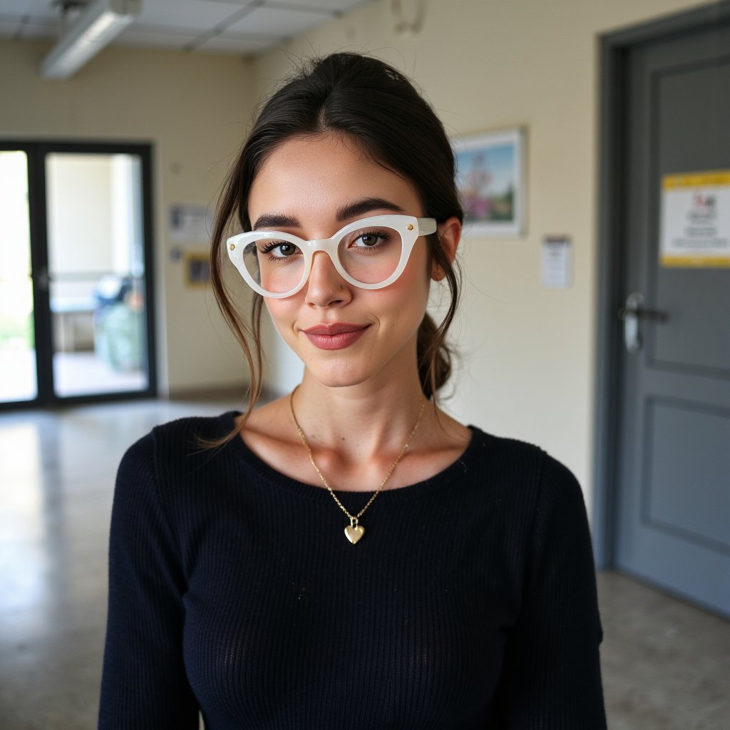 Hyper-realistic 1960s senior portrait of a girl wearing bold, upswept cat-eye glasses with translucent pearl-white frames, captured chest-up with an 85mm lens. Her hair is styled in a smooth bouffant with curled ends, parted slightly to the side, each strand meticulously detailed. She wears a dark navy wool sweater with fine ribbing along the neckline, subtle fuzz on the fabric visible in HDR clarity. A small gold heart pendant rests on the collarbone, catching a pinpoint highlight. Her complexion is porcelain with light freckles across the nose and upper cheeks, faint blush, and a natural satin sheen across the forehead. Lips are matte rose-pink, closed in a gentle, confident smile. Studio lighting from the left casts soft shadows under the chin and cheekbones, with a muted charcoal-grey backdrop providing depth without distraction.