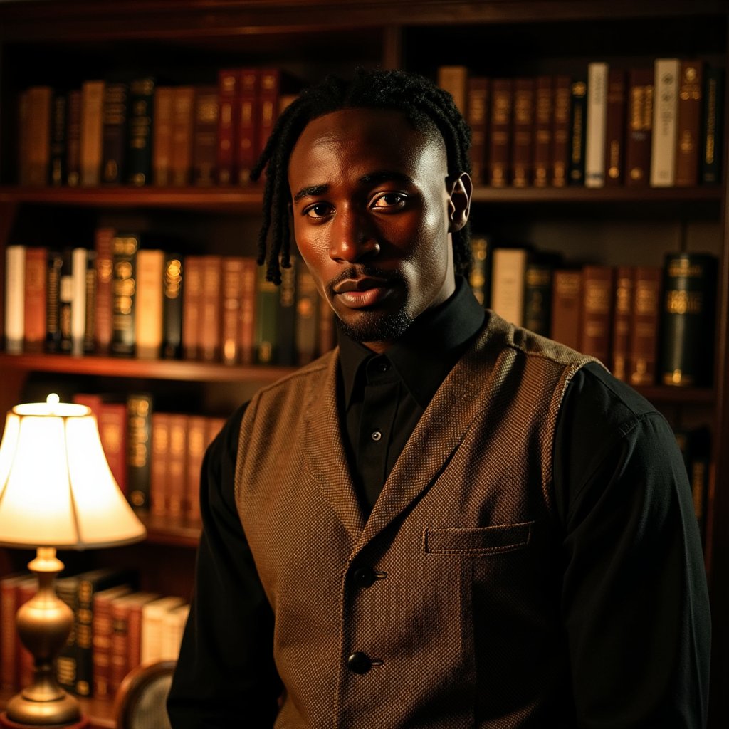 Wide shot from a slightly low angle, 24 mm lens, f/4, ISO 400, 1/60 s. The primary light source is a tall oil lamp on the desk to his left (camera-right in frame), positioned just above waist height. This produces a warm, directional glow across the left side of his torso, face, and the closest bookshelf edge. Shadows fall naturally to his right, stretching across the floor and slightly backward toward the far shelves, consistent with the lamp’s position. The secondary light source is moonlight streaming through a clerestory window directly above and behind him, entering at a steep angle and catching the top edges of bookshelves and his hairline, producing a cool, faint rim. The two light temperatures — warm from the lamp and cool from the moon — mix realistically on the tweed waistcoat (herringbone pattern visible where the lamp’s light is strongest) and brass collar bar (small specular highlight at lamp angle). Hair is neatly side-parted, with flyaways illuminated by the moonlight rim. His right hand trails along the spines of books, casting a soft shadow on the shelf immediately behind. Depth of field keeps him and the nearest bookshelves sharp, while the far wall fades slightly due to atmospheric haze, giving a sense of depth without inconsistent shadow geometry. Highly detailed, highly realistic, HDR.