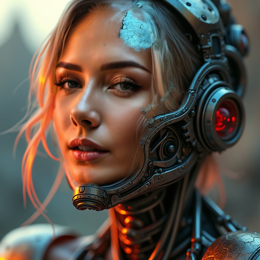 Detailed female cyborg, cyberpunk aesthetics, neon, intricate, photorealistic.