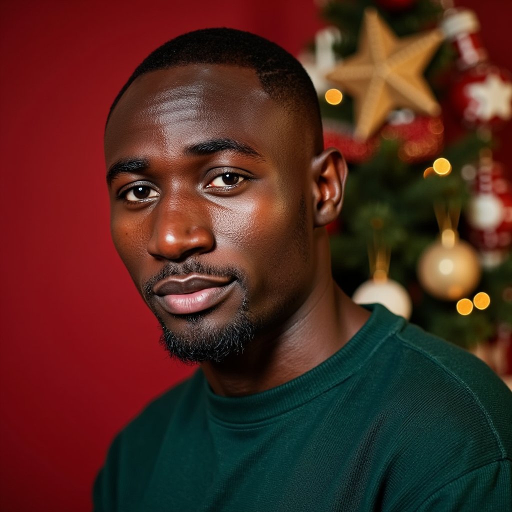 Headshot of a man in a modern photo studio with a matte red backdrop providing a bold Christmas theme. He faces the camera straight-on, expression confident but soft. He wears a dark forest-green cashmere crewneck, ribbed collar visible in detail.
Hair: short fade with neatly styled top; light stubble.
Lighting: classic studio beauty lighting — large softbox frontal key plus gentle kicker from camera-left; even skin illumination, soft shadows.
Background: smooth seamless red, no clutter; subtle gradient from light falloff.
Camera: 85mm f/2.2; highly detailed, highly realistic, HDR, showing crisp knit detail and natural skin texture.