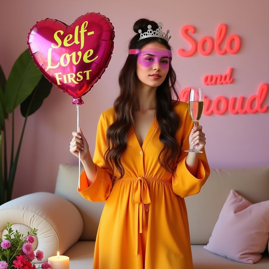 Stand confidently in a vibrant outfit, holding a heart-shaped balloon with "Self-Love First" written on it. Smile proudly to show empowerment.