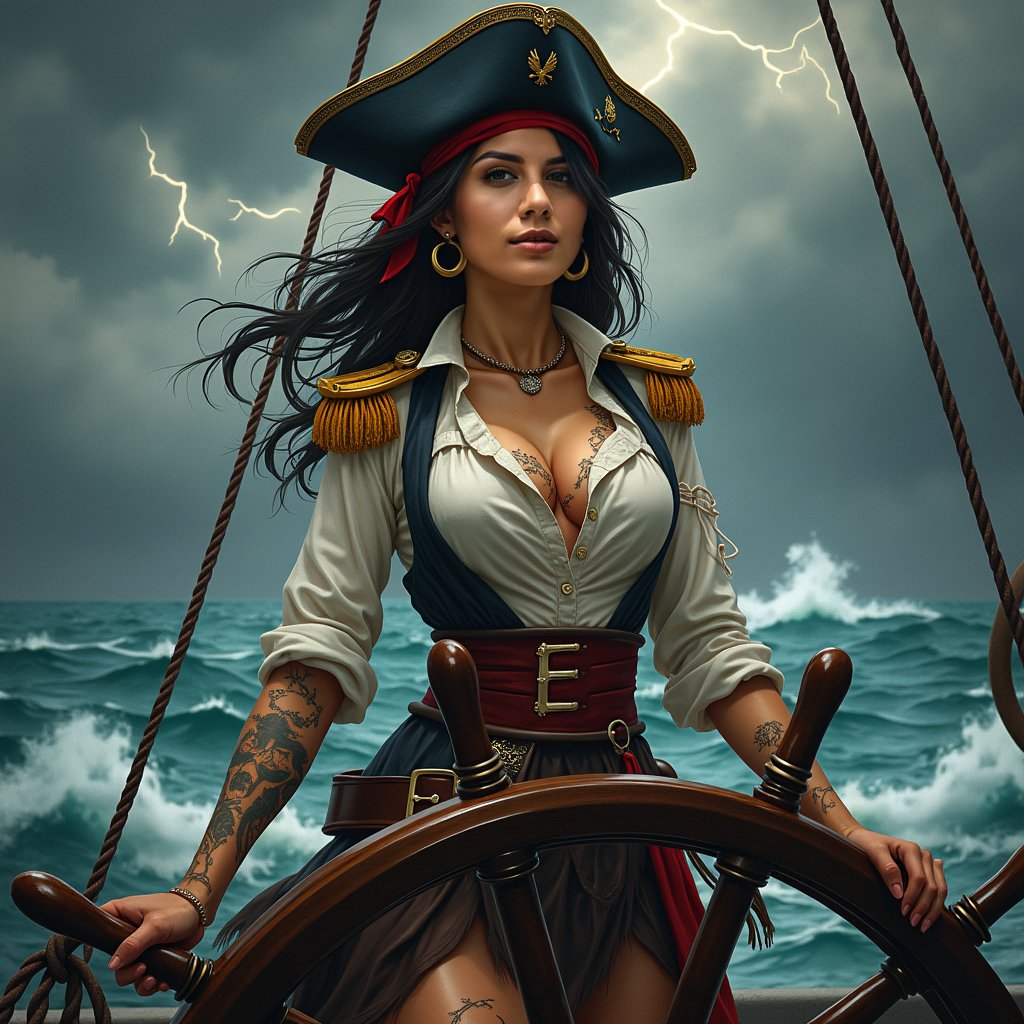 woman in captain's uniform, including a naval hat and golden epaulets, standing confidently on the quarterdeck of a pirate ship, grasping the ship's wheel, against a dramatic backdrop of stormy weather, with dark clouds, flashes of lightning, and waves crashing in the distance.