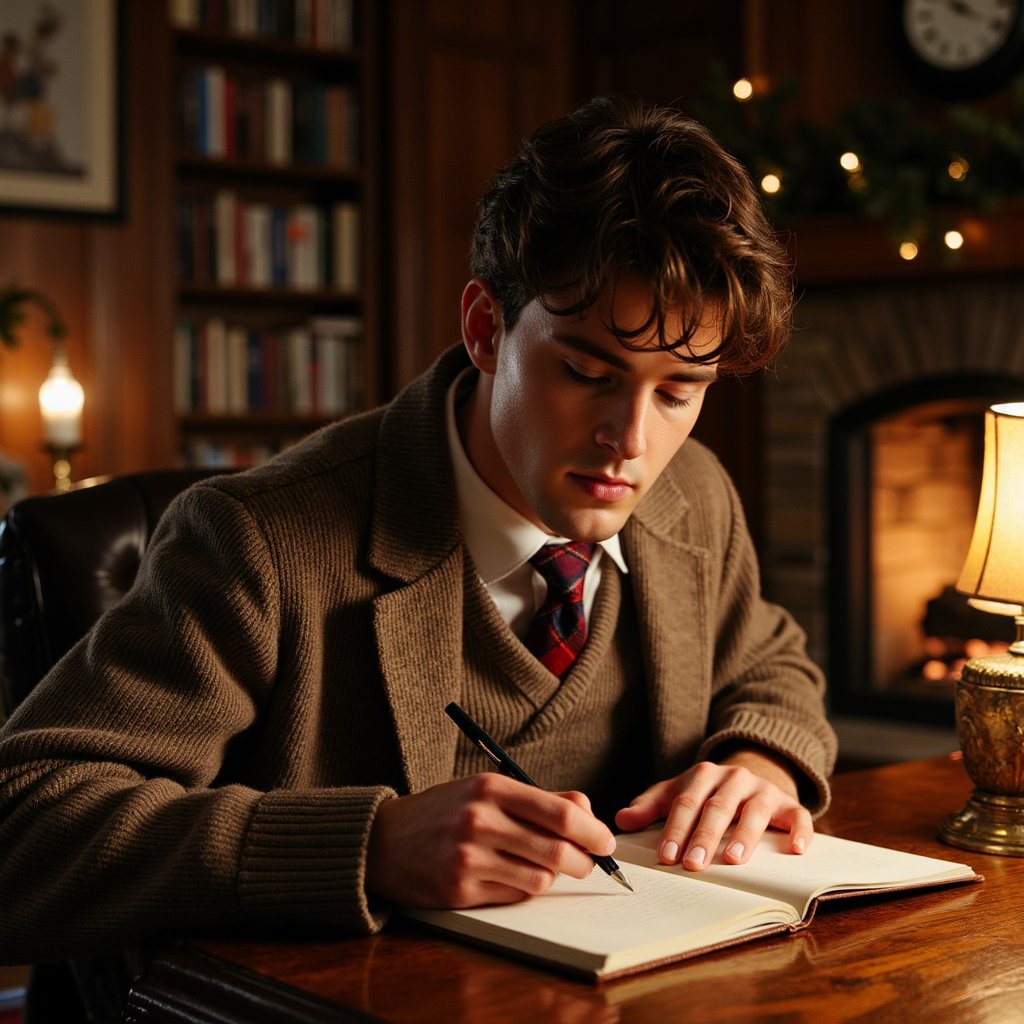 Man at a vintage mahogany desk writing in a leather-bound notebook, soft lamplight on his face. Hairstyle: side-part, slightly undone; faint stubble. Attire: thick wool cardigan over white oxford shirt, plaid tie loosened. Fabric details: wool knit definition, cotton creases, polished leather edge of notebook. Camera: side angle, 70mm, f/2.2. Lighting: single warm brass lamp key, shadows cast across hands and pages. Background: blurred bookshelves, clock, faint holiday garland—balanced composition. Pose: leaned forward, focused expression.
Render: highly detailed, highly realistic, HDR; light reflecting on ink pen, paper grain visible, lifelike ambiance.