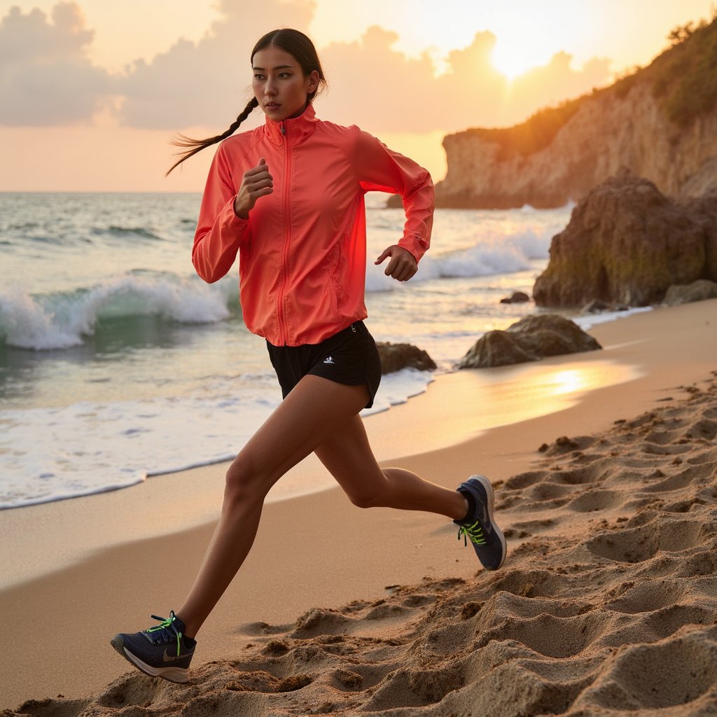 Woman sprinting along compact sand near the shoreline at golden hour; braided ponytail swept back, determined gaze; lightweight coral windbreaker (matte ripstop micro-creases), black compression shorts, knit mesh running shoes; side-on composition at hip height, 85mm, f/2.8, 1/1600, ISO 200 to freeze stride; warm backlight from low sun creating rim along arms and calves, sky fill cooling shadows; background: gentle waves and horizon rendered with soft blur, minimal clutter; visible details: zipper pulls, reflective piping, shoe tread sandy dusting, fine facial pores; highly detailed, highly realistic, HDR
