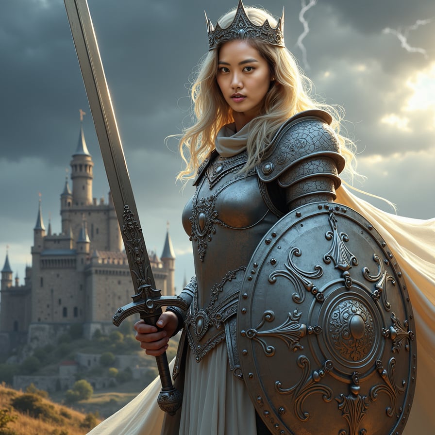 woman in polished silver armor, adorned with intricate engravings, holding a mighty sword and emblazoned shield, with a resolute and fearless expression, under a turbulent, dark grey sky with flashes of lightning, set against a distant backdrop of a majestic medieval castle with towering spires and ancient stone walls.