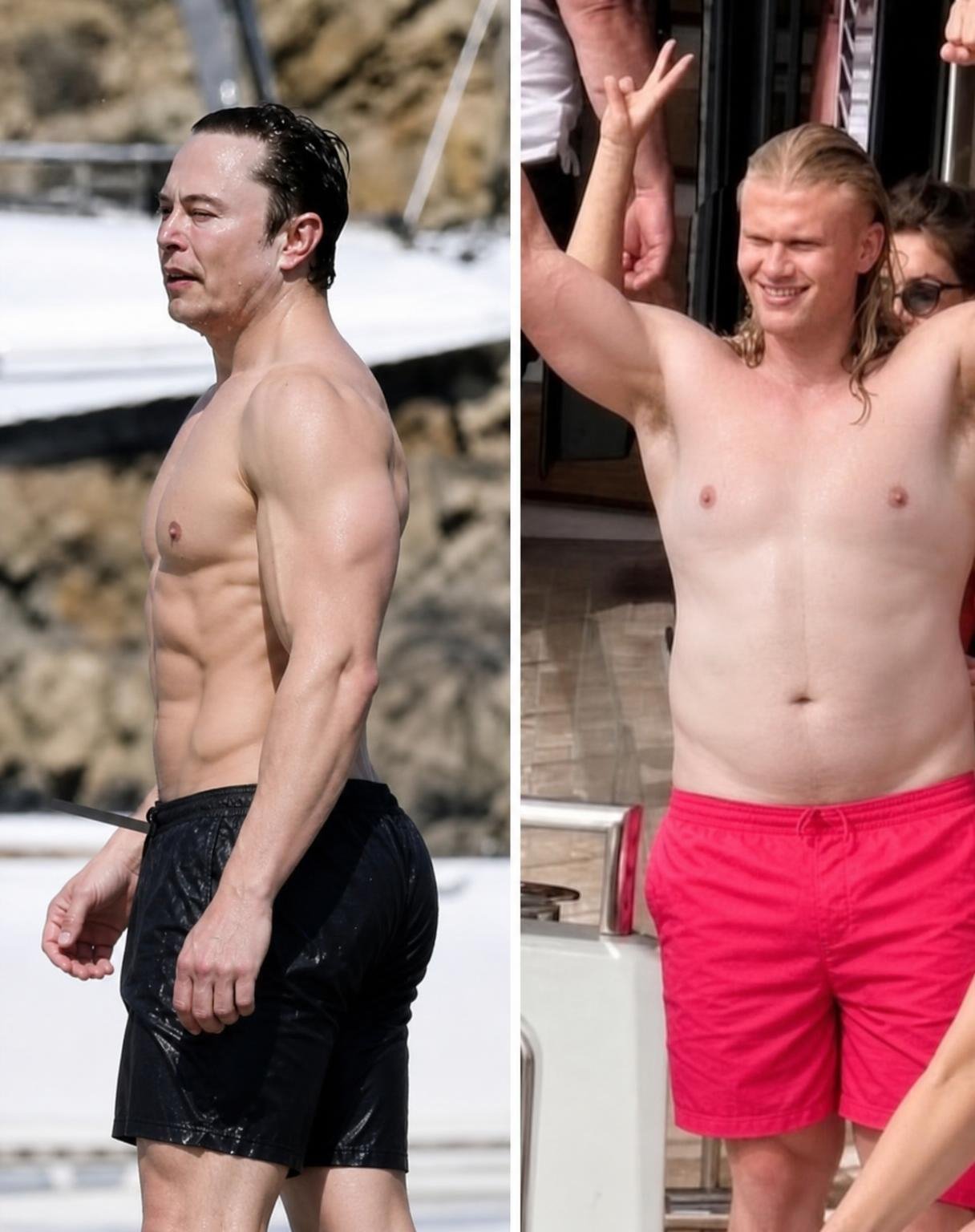 Edit the provided photograph directly. Do not recreate or reinterpret either person. Preserve the source image composition and both identities.
Exchange ONLY the visible body physiques of the two men.
LEFT: retain his exact original head, face, neck connection, hair, expression, pose and black shorts. Transfer the right man’s existing lean muscular physique onto his body: the same athletic body-fat level, muscular chest, shoulders, arms, narrow waist and abdominal definition visible on the right.
RIGHT: retain his exact original head, face, hair, expression, raised-arm pose and red shorts. Transfer the left man’s existing heavier physique onto his body: the same softer chest, softer upper arms and shoulders, wider waist, rounded abdomen and overall body-fat distribution visible on the left.
Use the physiques already visible in the source photograph as the references. Do not invent new physiques.
Lock both heads and faces to the input. No face generation, no face swap, no facial reshaping, no identity blending.
Preserve the original background, crop, perspective, lighting, clothing and positions. The only edited pixels should be those necessary to exchange their body shapes naturally.
Output the same photograph with the same two people, not newly generated lookalikes.