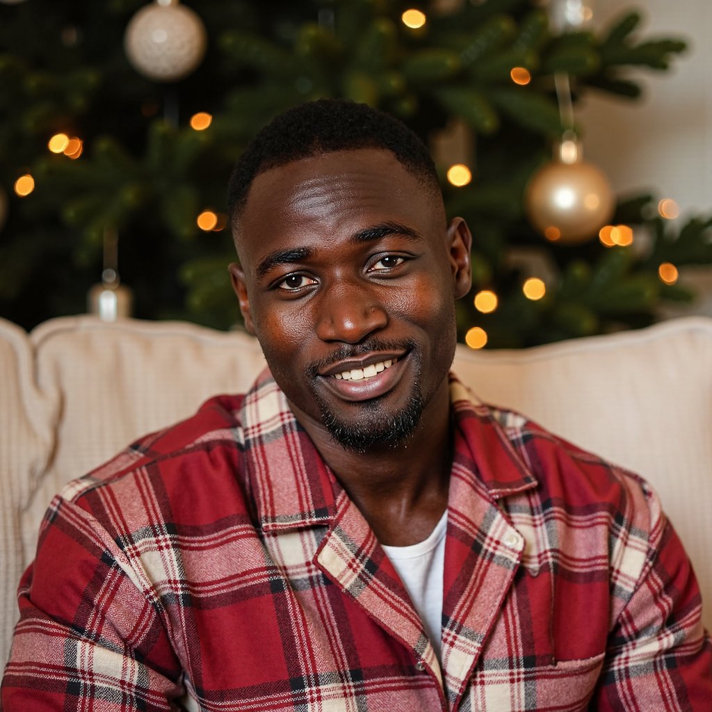 Headshot of a man seated on a sofa wrapped in a red-and-cream plaid pajama top, fabric soft and brushed with visible weave. He faces the camera directly, giving a warm relaxed expression with a slight closed-lip smile. Hair: short sides, slightly tousled top; light stubble. Lighting: warm morning window light from camera-left, with a soft fill to the right; gentle gradient shadows under jawline for depth. Background: blurred Christmas tree lights, a neutral-toned throw blanket, and a single ornament in soft bokeh; minimal clutter. Camera: 100mm macro portrait, f/2.8; highly realistic, highly detailed, HDR, especially eyes, beard texture, and plaid pattern.