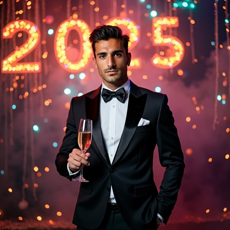 A man in a sleek black tuxedo, holding a glass of champagne, standing against a backdrop of glittering lights and a "Happy New Year 2025" banner, smiling confidently at the camera