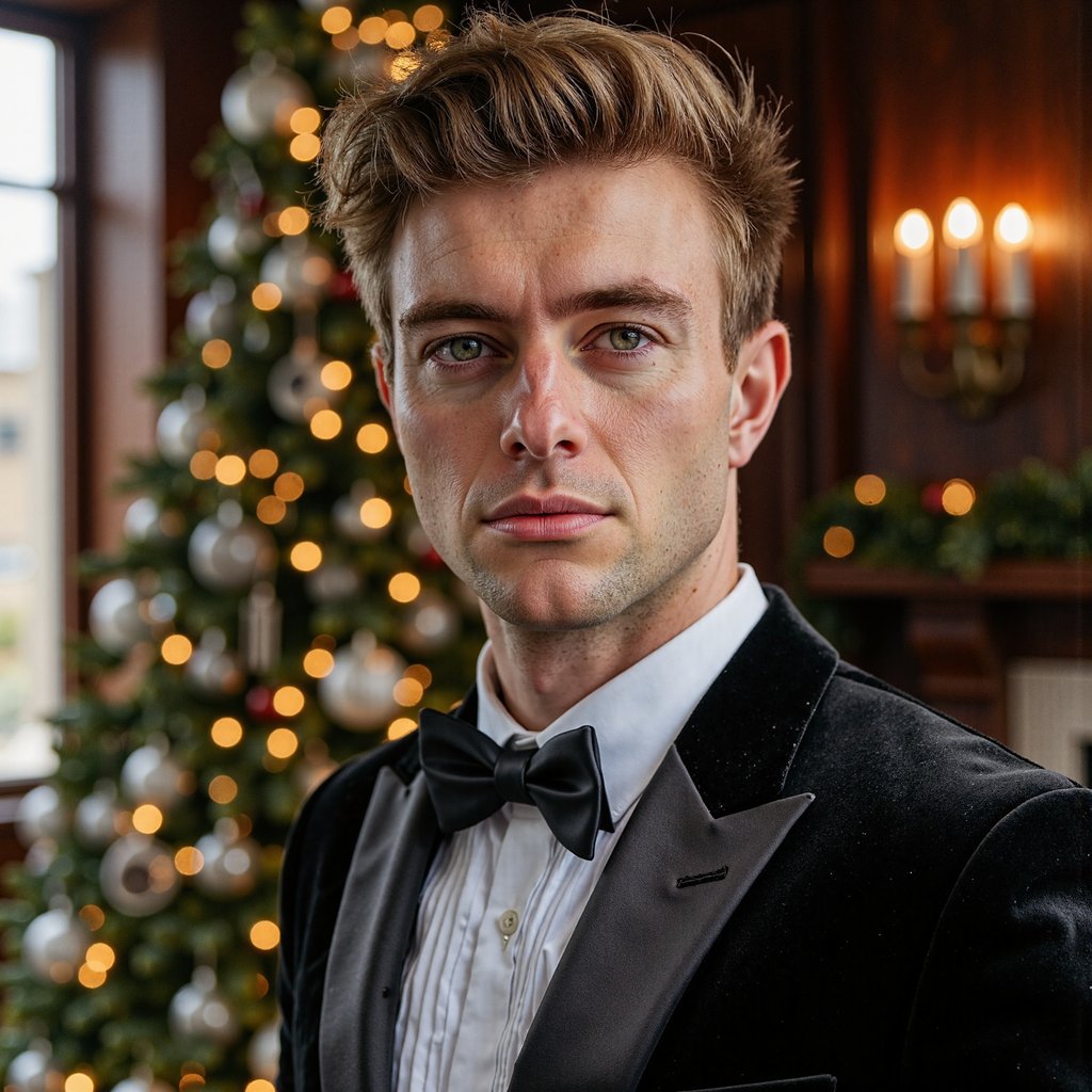 Close crop of a man in tuxedo (shawl-collar velvet dinner jacket, crisp pleated shirt, satin bow tie). Hairstyle: classic taper, slight quiff; clean shave. Fabric details: velvet nap, satin lapel reflection, micro-pleats. Camera: eye-level, 105mm macro-leaning portrait for extreme texture fidelity, f/2.0. Lighting: soft directional key (large softbox or window) + faint practical back glow from the tree for hairline separation. Background: blurred Christmas tree with crystal and glass ornaments, warm golden fairy lights; no extra props. Pose: chin slightly down, eyes centered, confident but soft gaze. Render: highly detailed, highly realistic, HDR; precise lapel edge and shirt pleat definition; natural skin pores.