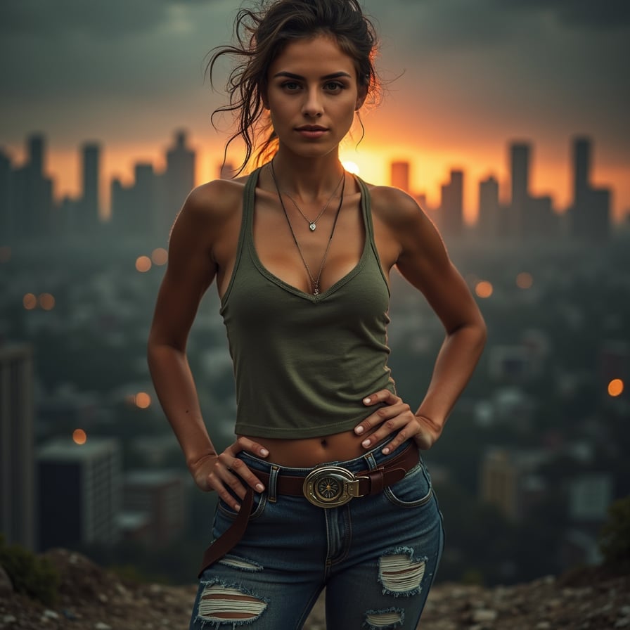 Pose: Standing with her feet shoulder-width apart, with one hand on her hip and the other holding a compass or a map.
Expression: Confident, with a hint of excitement and a sense of adventure.
Clothing: A fitted, khaki-colored tank top and a pair of distressed, high-waisted jeans, giving off a rugged, outdoorsy vibe.
Accessories: A pair of aviator sunglasses, a leather belt with a silver buckle, and a messy, undone hairstyle.
Background: A gritty, rugged background with a cityscape at night, evoking the feeling of a bustling metropolis.