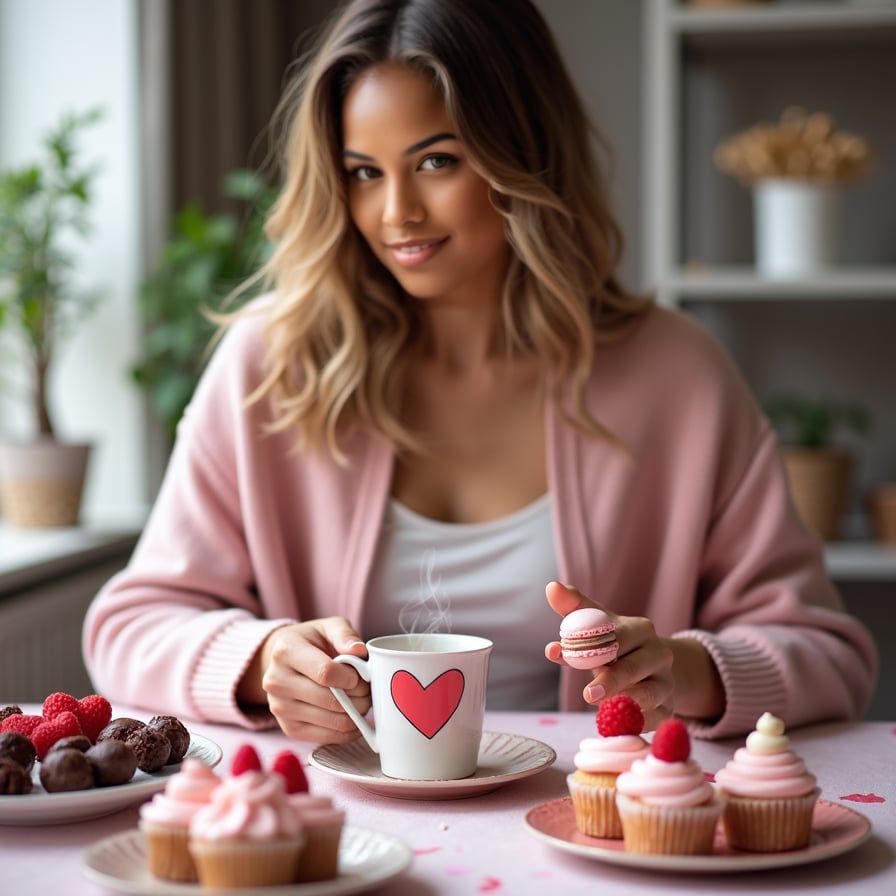 A model wearing a soft pink cardigan, sitting at a table adorned with Valentine's treats like cupcakes, macarons, and chocolates, holding a steaming mug with a heart design